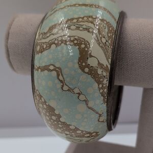 Vintage Sky Blue and Brown Wide Metal Bangle Extra Chunky Statement Jewelry
